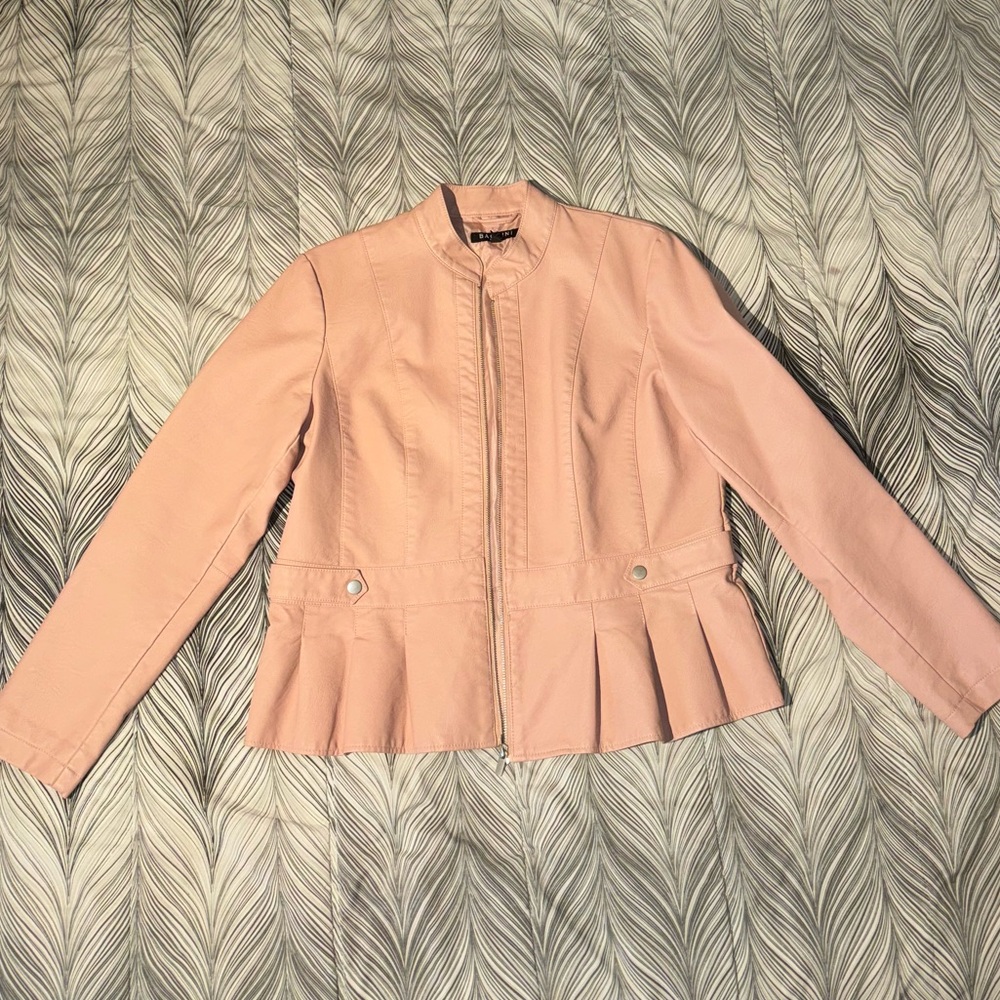 Women’s baby Pink faux leather bomber jacket with peplum ruffle details Size L